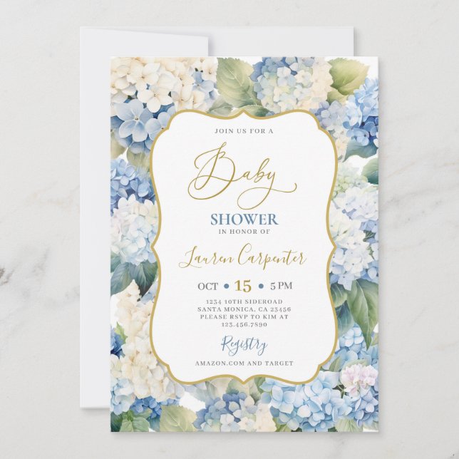 Blue Hydrangea Baby Shower Invitation (Front)