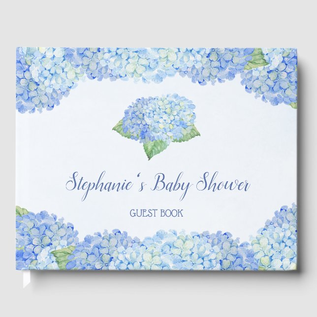 Blue Hydrangea Baby Shower Personalised Guest Book (Front)