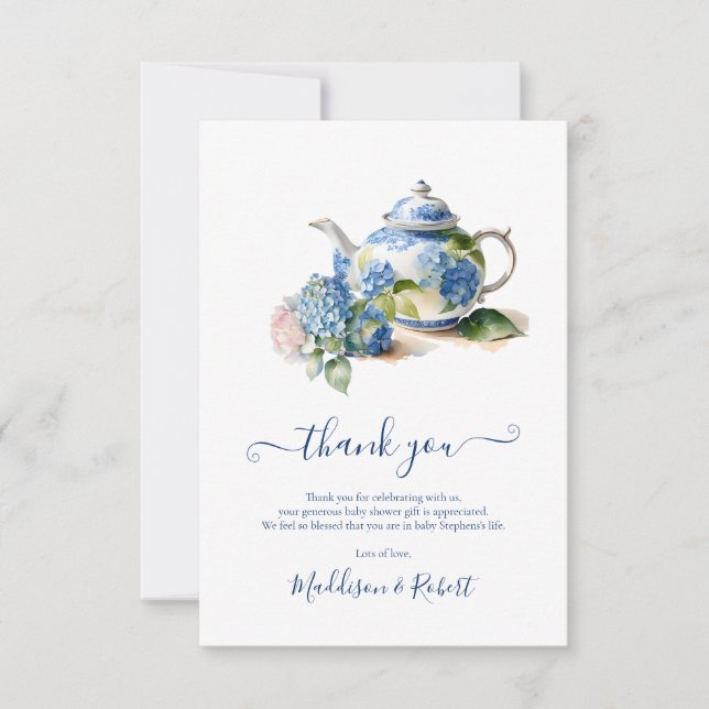 Blue Hydrangea Baby Shower Tea Party  Thank You Card (Front)