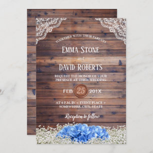Blue Hydrangea Baby's Breath Rustic Barn Wedding Invitation