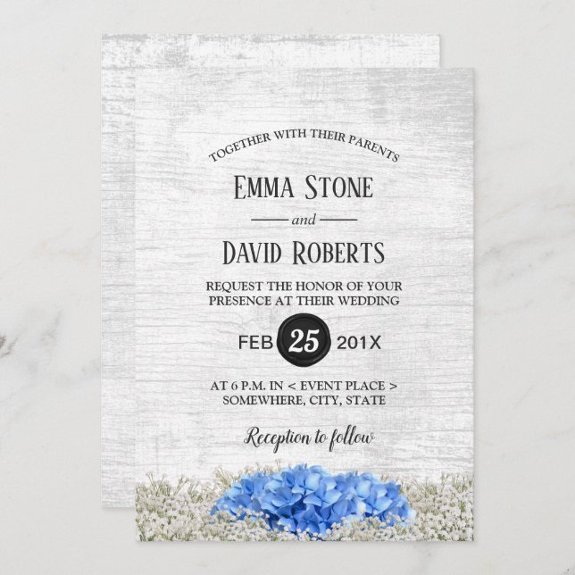 Blue Hydrangea Baby's Breath Rustic Wedding Invitation (Front/Back)