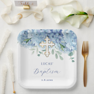 Blue Hydrangea Baptism Paper Plate