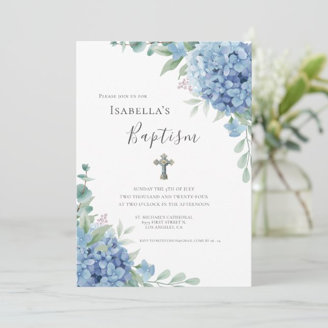 Blue Hydrangea Baptism Religious  Invitation (Standing Front)