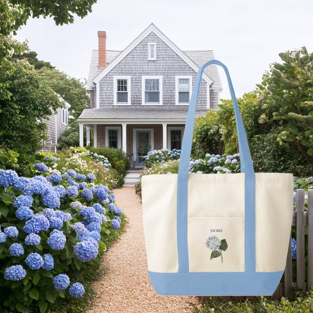 Blue Hydrangea Bloom Flower Contrast Trim Boat Tote Bag (blue monogrammed contrast trim tote bag with blue hydrangeas)