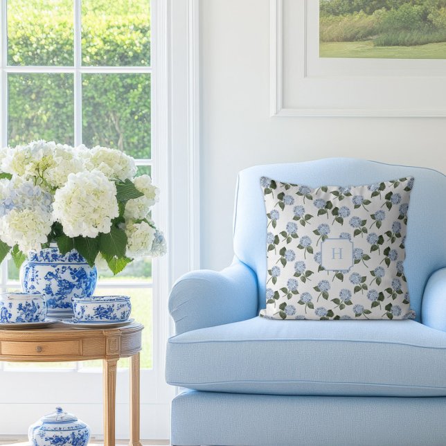 Blue Hydrangea Bloom Monogram   Cushion (Hydrangea Bloom Blue Monogram Pillow)
