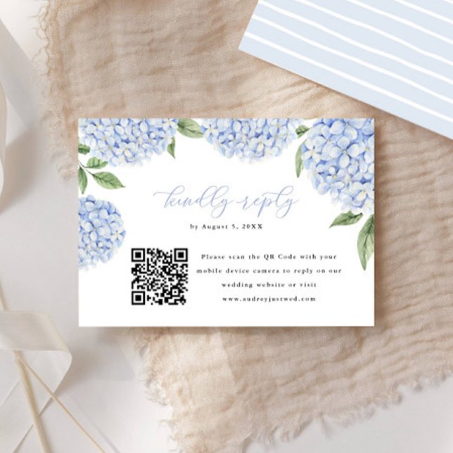 Blue Hydrangea Bloom QR Code Calligraphy Reply RSVP Card (Creator Uploaded)