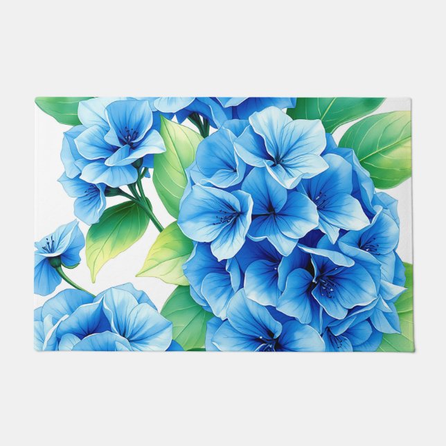 Blue Hydrangea Blooms Floral Pattern Doormat (Front)
