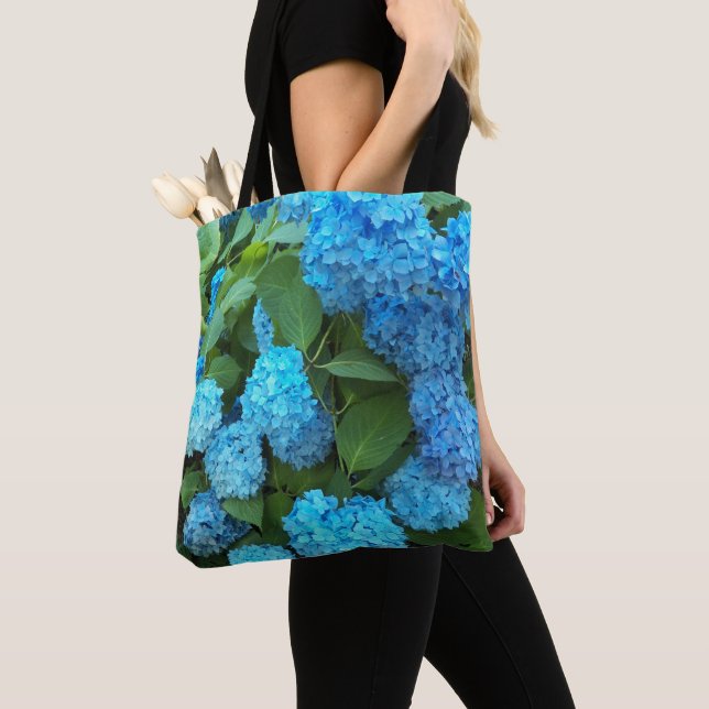 Blue Hydrangea Blooms Floral Tote Bag (Close Up)