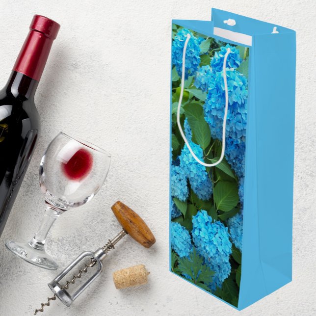 Blue Hydrangea Blooms Floral Wine Gift Bag (In Situ)