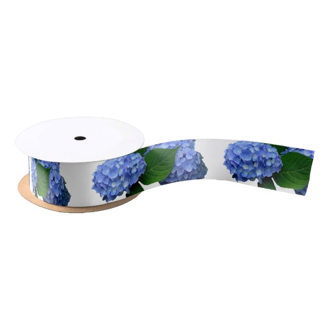 Blue Hydrangea Blooms Greenery Satin Ribbon (Spool)