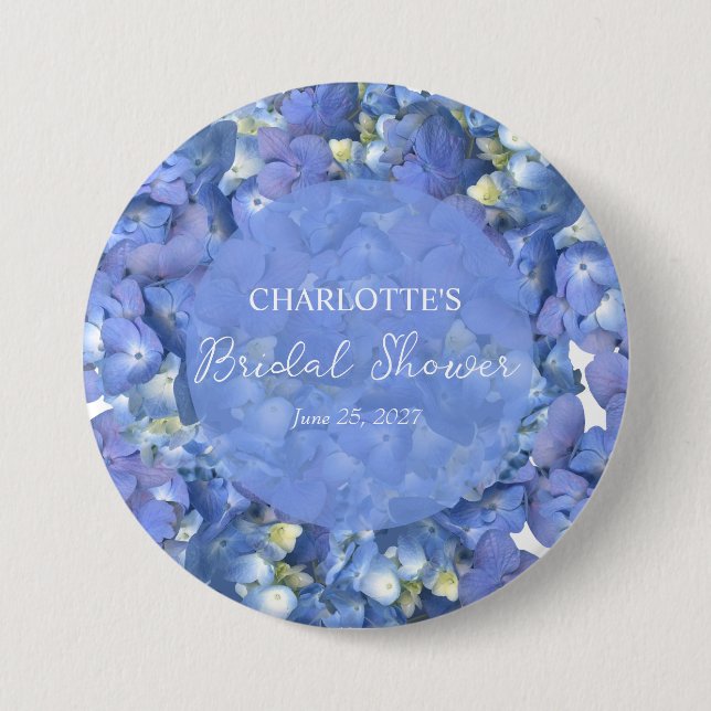 Blue Hydrangea Blooms Personalised Bridal Shower 7.5 Cm Round Badge (Front)