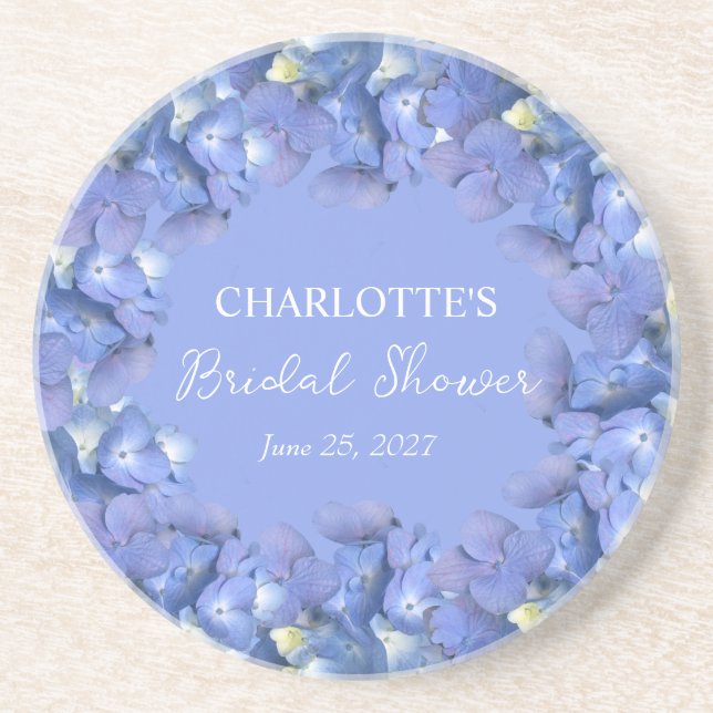 Blue Hydrangea Blooms Personalised Bridal Shower Coaster (Front)