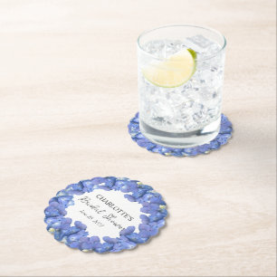 Blue Hydrangea Blooms Personalised Bridal Shower Paper Coaster