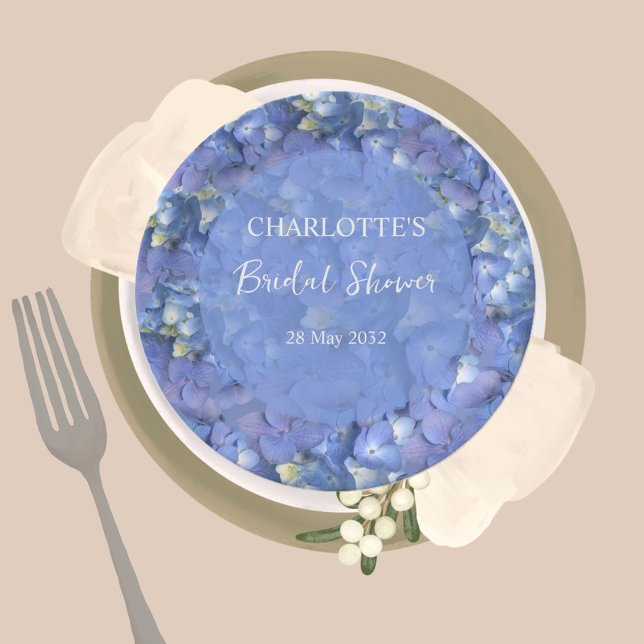 Blue Hydrangea Blooms Personalised Bridal Shower Paper Plate (Creator Uploaded)