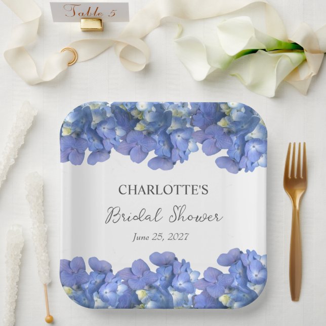 Blue Hydrangea Blooms Personalised Bridal Shower Paper Plate (Wedding)