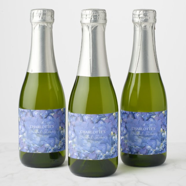 Blue Hydrangea Blooms Personalised Bridal Shower Sparkling Wine Label (Bottles)