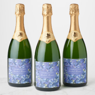 Blue Hydrangea Blooms Personalised Bridal Shower Sparkling Wine Label