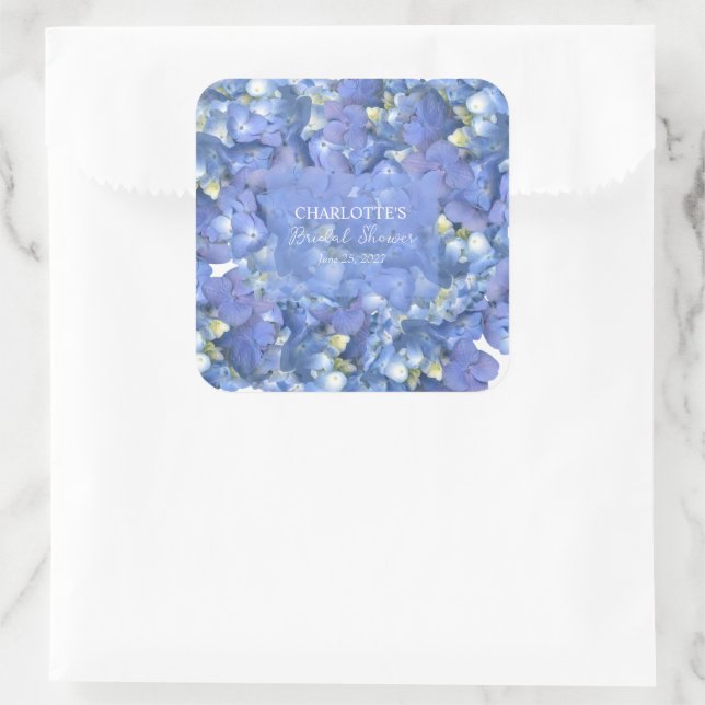 Blue Hydrangea Blooms Personalised Bridal Shower Square Sticker (Bag)