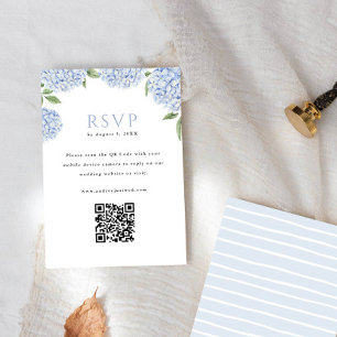 Blue Hydrangea Blooms QR Code Reply Vertical RSVP Card