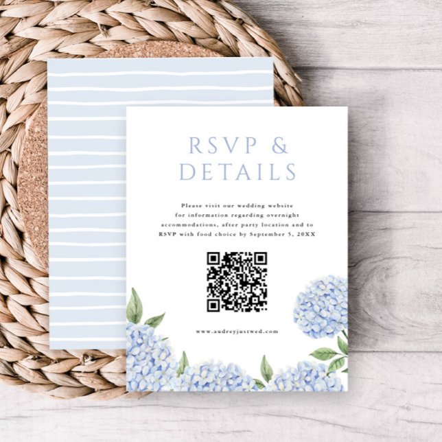 Blue Hydrangea Blooms RSVP and Details, w/ QR Code Enclosure Card (Creator Uploaded)