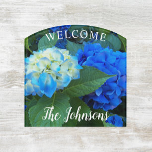 Blue Hydrangea Blooms with Family Name Welcome Door Sign