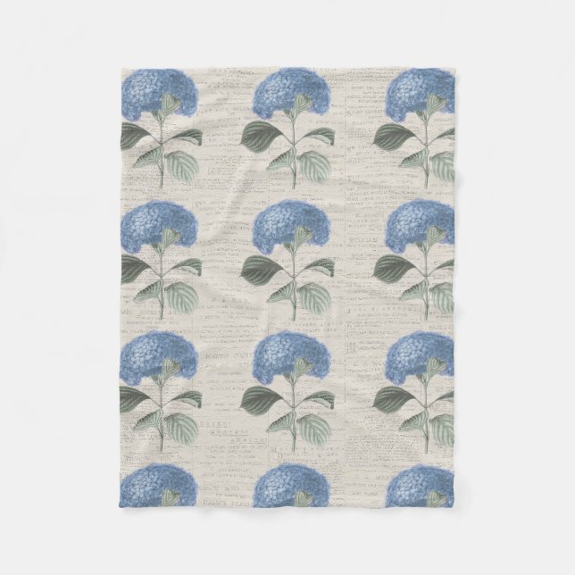 Blue Hydrangea Blossom on Antique Calligraphy Fleece Blanket (Front)