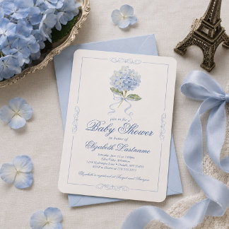 Blue Hydrangea Blue Bow Baby Shower Invitation