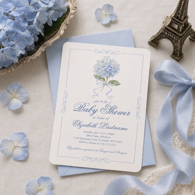 Blue Hydrangea Blue Bow Baby Shower Invitation (Blue Hydrangea Blue Bow Baby Shower Invitation)