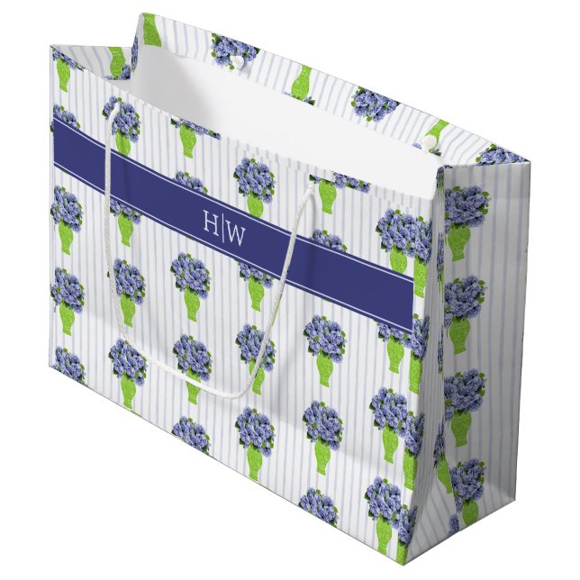 Blue Hydrangea Blue Stripe Coastal Monogram Large Gift Bag (Front Angled)