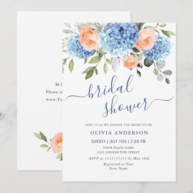 Blue Hydrangea Blush Pink Roses BRIDAL SHOWER Invitation (Front/Back)