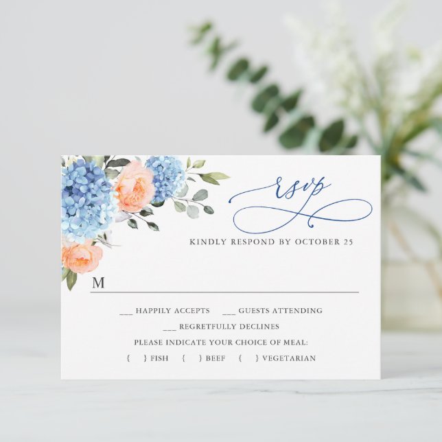 Blue Hydrangea Blush Pink Roses Flowers Wedding RSVP Card (Standing Front)