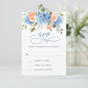 Blue Hydrangea Blush Pink Roses Flowers Wedding RSVP Card