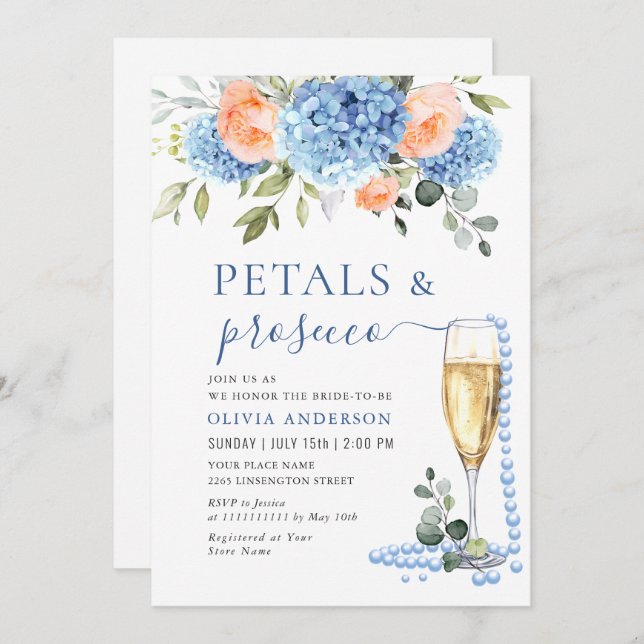 Blue Hydrangea Blush Pink Roses Pearls & Prosecco Invitation (Front/Back)