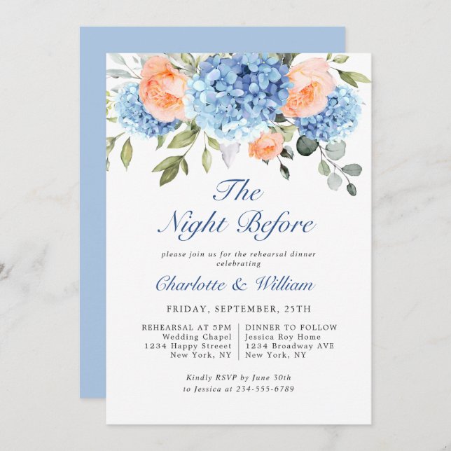 Blue Hydrangea Blush Pink Roses Rehearsal Dinner Invitation (Front/Back)