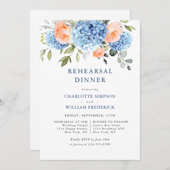 Blue Hydrangea Blush Pink Roses Rehearsal Dinner Invitation (Front/Back)