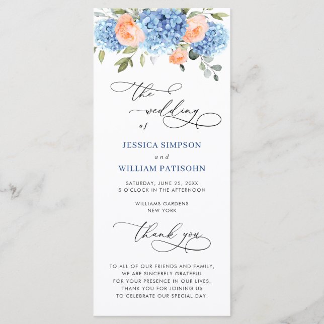 Blue Hydrangea Blush Pink Roses Wedding Ceremony Programme (Front)