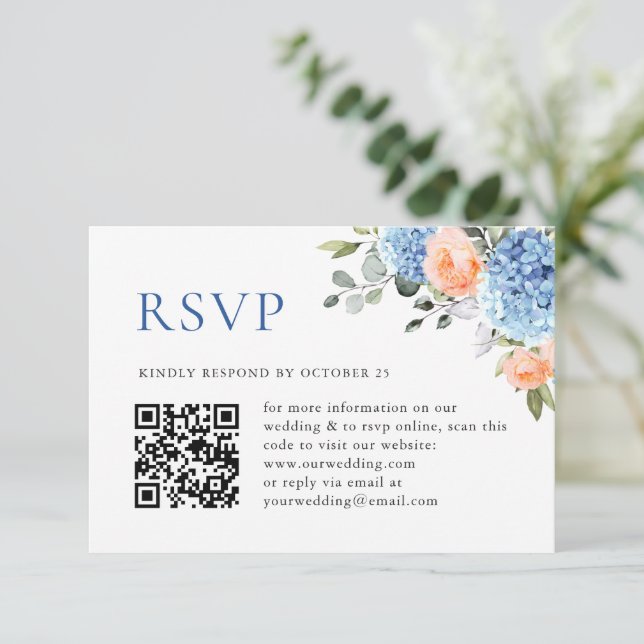 Blue Hydrangea Blush Pink Roses Wedding QR code RSVP Card (Standing Front)