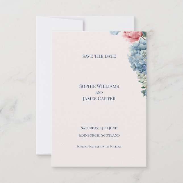 Blue Hydrangea Blush Rose Floral Wedding Save The Date (Front)