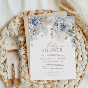 Blue Hydrangea & Blush Roses Baby Shower Invitation