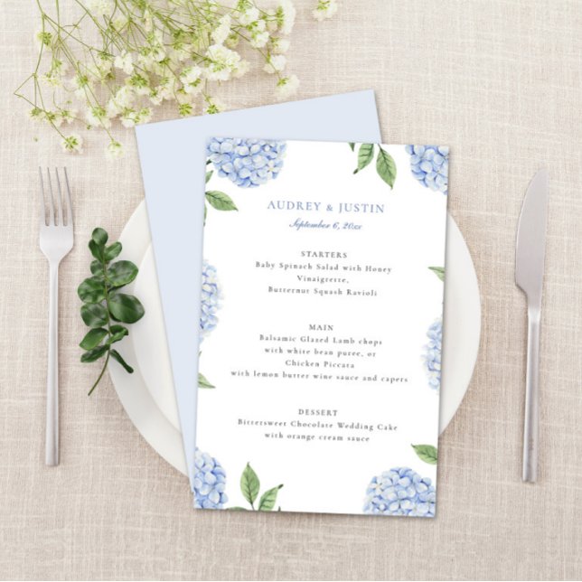 Blue Hydrangea Border Classic Wedding Paper Menu (Creator Uploaded)