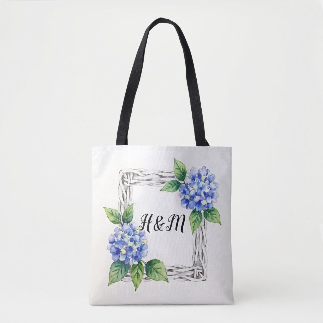 Blue Hydrangea Border Customised Tote Bag (Front)