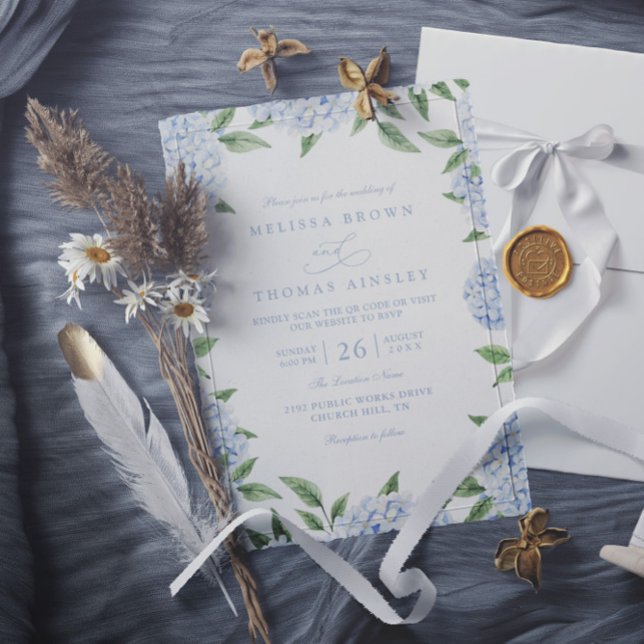 Blue Hydrangea Border Elegant QR Code Wedding Invitation (Creator Uploaded)