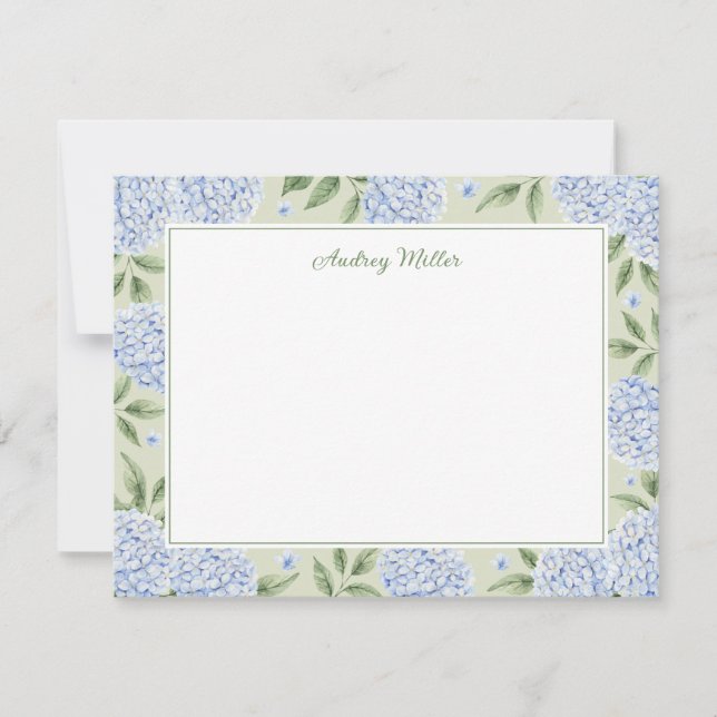 Blue Hydrangea Border Green Personalised Card (Front)