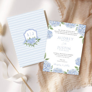 Blue Hydrangea Border, Personalized Crest Wedding Invitation