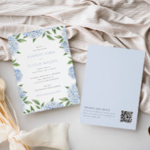 Blue Hydrangea Border, QR Code on Back, Wedding