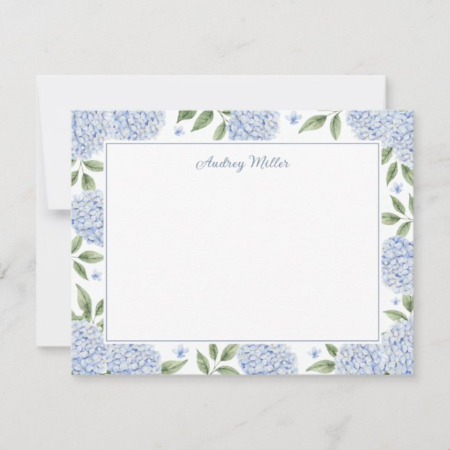 Blue Hydrangea Border White Personalised Card (Front)