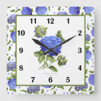 Blue Hydrangea Botanical Art Square Wall Clock