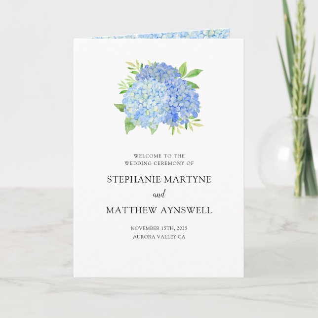 Blue Hydrangea Bouquet Botanical Wedding Program Programme (Front)