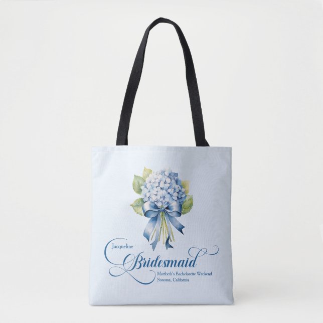 Blue Hydrangea Bouquet Bridesmaid Bachelorette Tote Bag (Front)