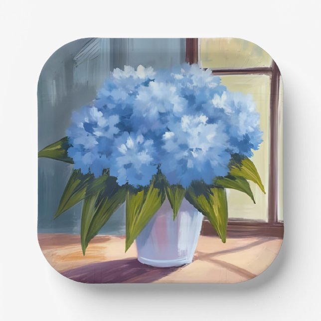 Blue Hydrangea Bouquet Floral Painting Paper Plate (Front)